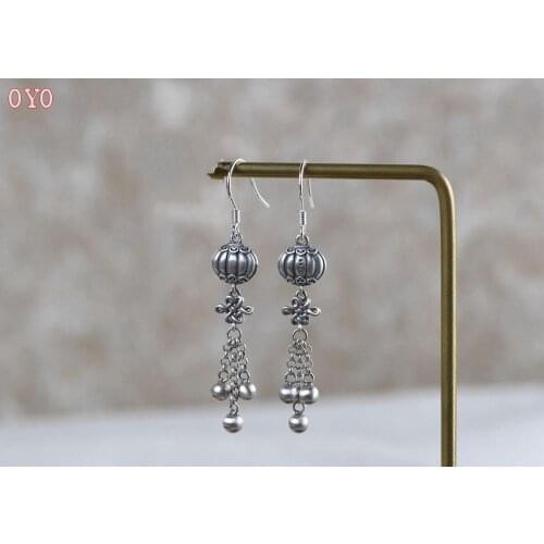 S925 Silver Ruyi Chinese Knot Earrings Women Beaming Lantern Silver Beads Tassel Thai Silver Earrings