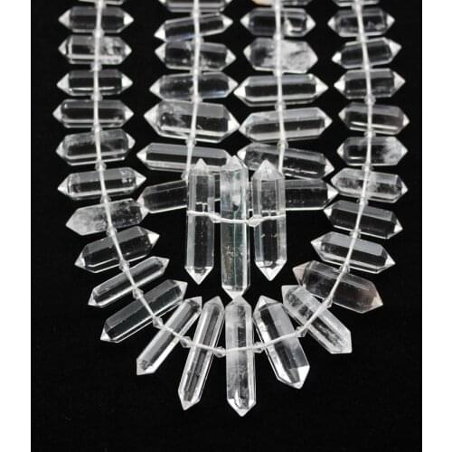 Raw Natural Crystal Hexagon Sticks Beads,Polished Clear White Quartz Double Points Beads Pendant Necklace,Middle Drilled
