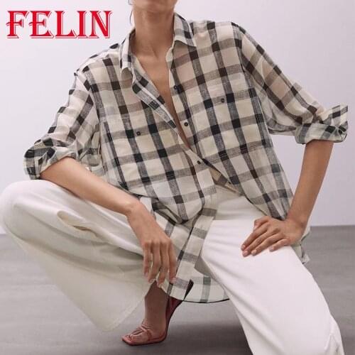 Za 2021 Office Lady Chic Plaid Oversized Women Shirts Single Button Vintage Blouses Fashion Autumn Elegant Mujer Tops