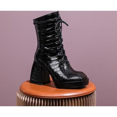 US4-11 Womens Pointy Toe Crocodile Pattern Platform Ankle Boots Motorcycle Block Chunky High Heel Shoes Plus Size Punk Black