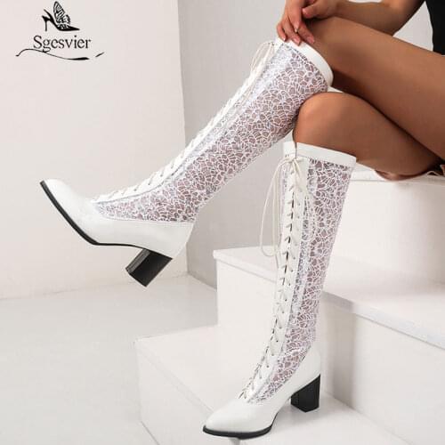 SGESVIER Sexy Mesh Sandals Boots Women 2021 Summer Hollow Long Tube Knee High Fashion Thick with Shoes Women Black/Red/White