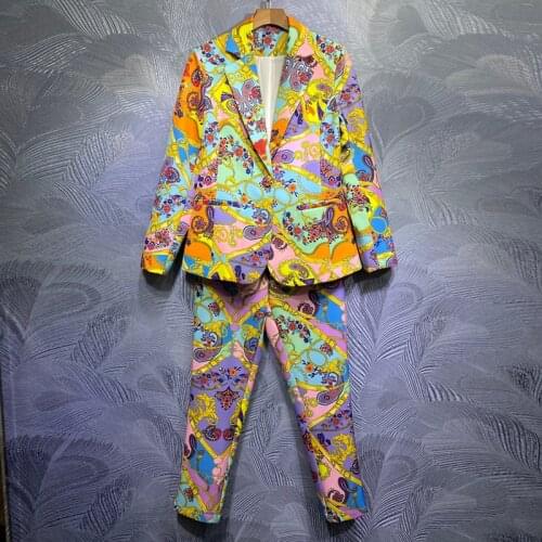 Seifrmann Women Summer Fashion Runway Pants Set Pockets Long Sleeve Tops+Vintage Printed Ladies Long Pants 2 Two Pieces Suits