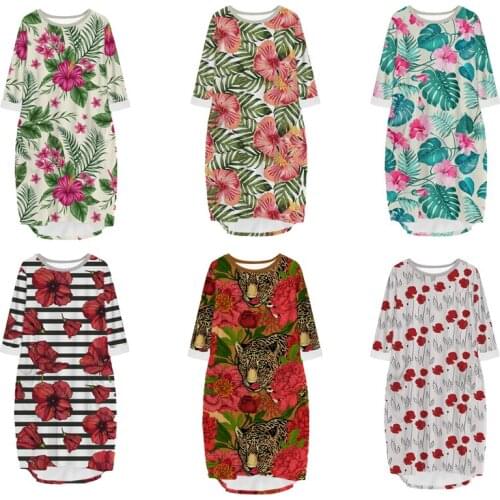 New Fashion 3D Print Long Premium Tropical Flower Pocket Loose Casual Robe Summer Dress Traf For Women V28