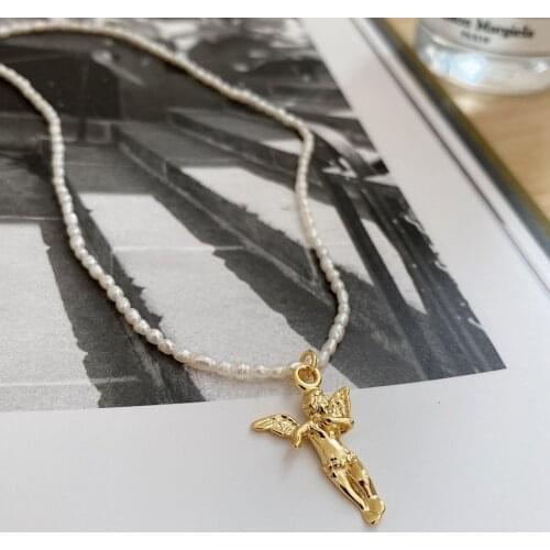 XIHA 925 Sterling Silver Pendant Necklace Women Gold Angel Freshwater Pearl Choker Necklaces Gothic Aesthetic Fashion Jewelry