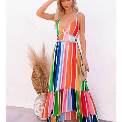Sexy Deep V Neck Backless Striped Maxi Woman Dress 2021 Summer Party Rainbow Spaghetti Strap Long Dresses For Women Robe Femme