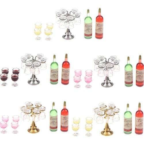 1 Set Miniature Dollhouse Bar Counter Mini Wine Bottle Champagne Glass Holder Rack Play Kitchen Furniture
