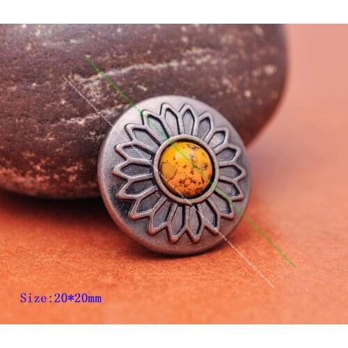 10X Retro Silver Yellow Turquoise Flower Carved Concho for Leathercraft Belt Western Saddle Tack Wallet Case Decoration