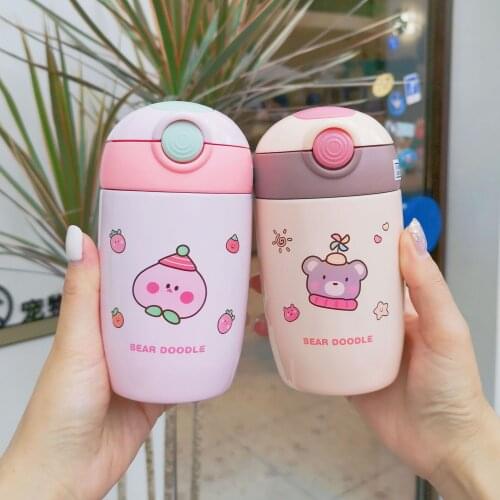 280ML Mini Thermos Bottle Mug Cartoon Cute Water Bottle with straw 304 Stainless Steel Vacuum Flask Cup for kids