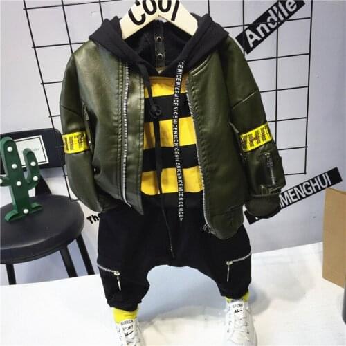 2018 Autumn winter Baby Boy Clothes Faux Leather coat +Hooded + Pant 3pcs boys Outfits Toddler Kids Clothing Set 2-6years