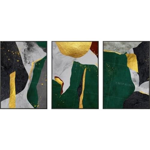 3 Wall Art Gold Leaf Abstract Painting Emerald Green And Black Oil Canvas Engraving Interior Art Decoration