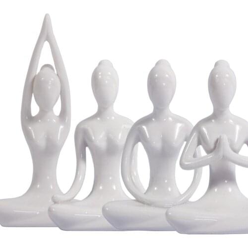 4.25" Set of 4 Home Decorative Porcelain Ceramic Yoga Pose Yoga Figurine Statue, Meditation Room Yoga Figurine