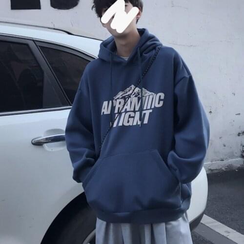 #7082 Blue Gray Black Hoodies Sweatshirt Tops Pullovers Print Fashion Casual Loose Spring Autumn Korean Style Preppy Style Top