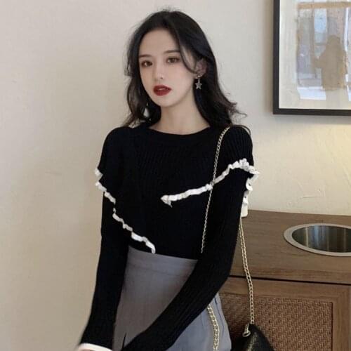 Irregular Ruffles Patchwork Design Sweater 2021 Autumn Winter Bottoming Women Tops Ins O Neck full Sleeve Knitted Pullover