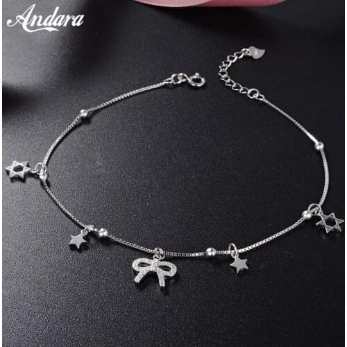 Summer Style 100% 925 Sterling Silver Star Anklet for Women Simple Bow Anklets Fine Jewelry