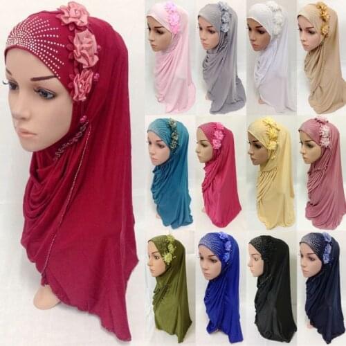 One Pieces Flowers Beads Amira Hijab Muslim Head Wrap Scarf Shawl Islamic Women Ramadan Headwear Jilbab Dubai Party Turban