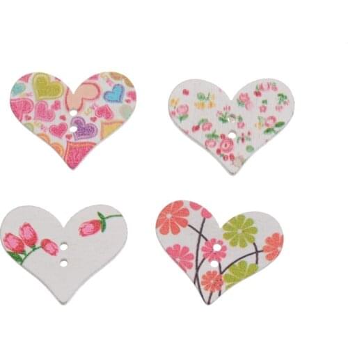 50Pcs Mixed 2 Holes Colorful Heart Flower Wood Sewing Buttons Scrapbooking 23x29mm