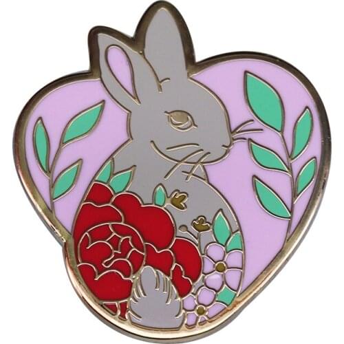 Pink heart shape flower rabbit enamel pin gorgeous bunny and nature lovers gift