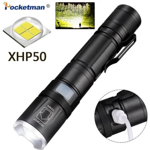 20000Lumens Zoom Flashlight XHP50 Flashlight Torch Strong Light LED Outdoor Multi-Function Portable Flashlight With Pen Holder