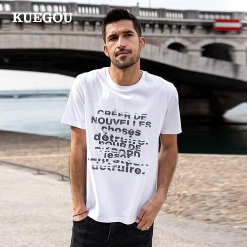 KUEGOU 100% Cotton Tee High Quality Clothing Men‘s T-shirt Short Sleeve Letter Print Streetwear Summer Top Plus Size ZT-90002