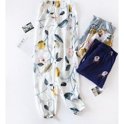 Spring and Summer Cotton Flower Print Womens Pajama Pants Loose and Thin Open Bloomers Cotton Silk Mosquito Pants Home Pants