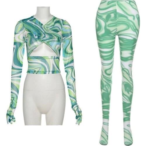 Criss-Cross Print Ultra Thin Pants Suit 2021 Summer Outfits Long Sleeve Crop Top And Skinny Leggings Two Piece Set Lightweight