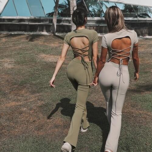 Summer Two Piece Set Women Sexy Backless Crop Tops+High Waist Seamless Leggings Fashion Slim Casual Solid Outfit Sets Tracksuit