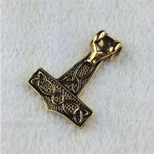 Punk Gold Mens 316L Stainless Steel Sheep Head Thors Hammer Mjolnir Pendant