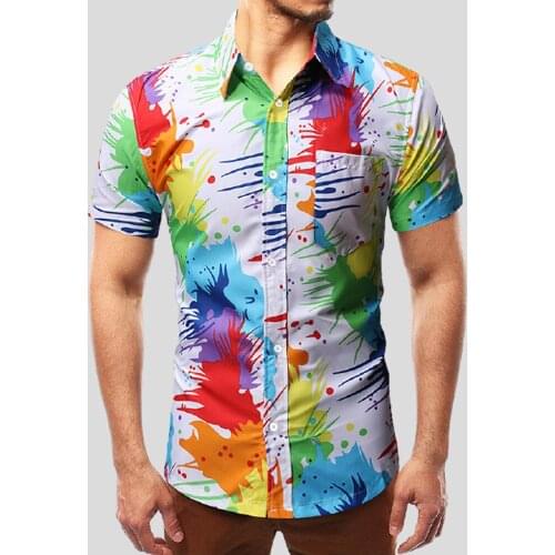 Mens Hawaiian Printed Shirt Summer Casual Colorful Splashing Ink Print Lapel Loose Short Sleeve Shirt Mens Shirt