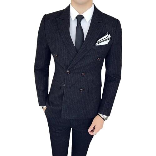 3 Pieces Stripe Double Breasted Suit Coat Trousers Set Men Slim Business Casual Formal Wedding Plaid Blazers Jacket Pants Vest