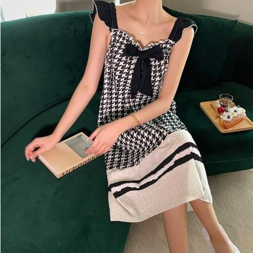 Sweet Bow Nightdress Women New Sexy Cotton Sleepwear Fashion Plaid Nightgowns Female Loose Nightwear Dress Night Shirt