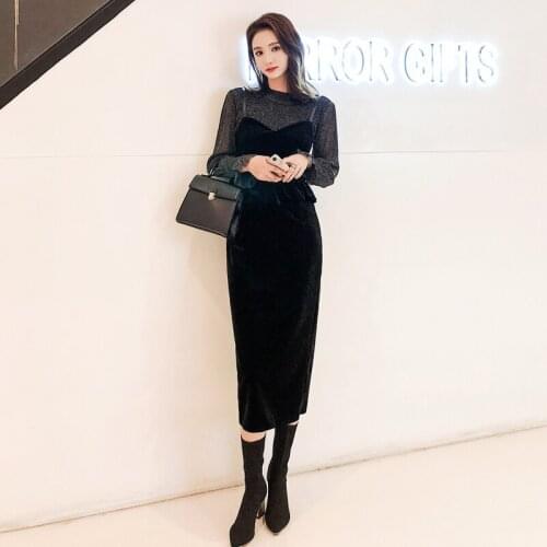 Spring and autumn womens new fashion sexy perspective lantern sleeve top black velvet strap dress temperament two-piece suit