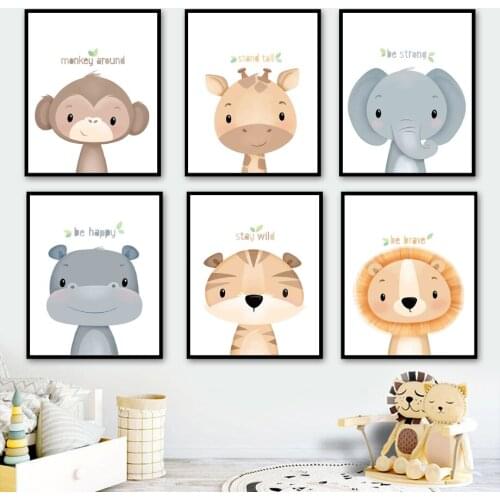 Monkey Giraffe Elephant Hippo Tiger Lion Animal Wall Art Canvas Painting Nordic Posters And Prints Wall Pictures Kids Room Decor
