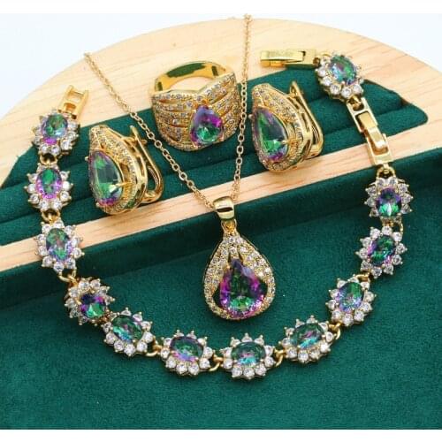 Dazzling Gold Color Jewelry Set for Women Wedding Rainbow Zircon Bracelet Earrings Necklace Pendant Bride Ring Gift