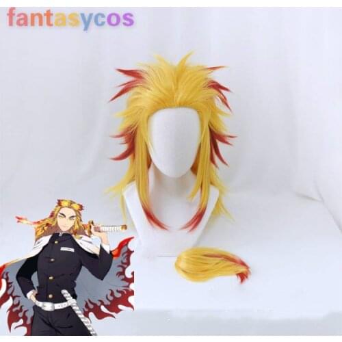 Anime Demon Slayer: Kimetsu No Yaiba Rengoku Kyoujurou Cosplay Long Wigs Hair Wig + Free Wig Cap