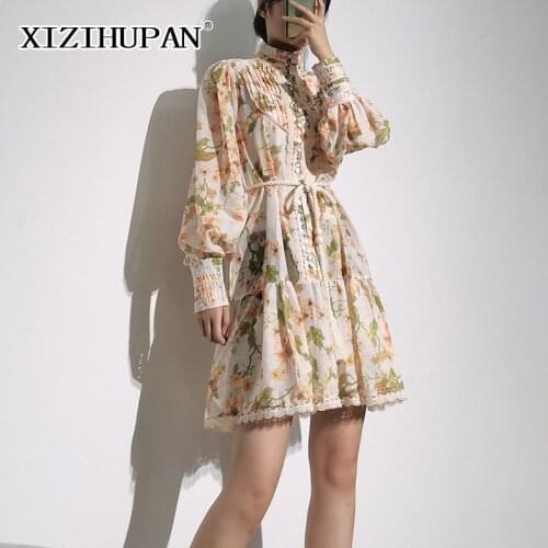 XIZIHUPAN Casual Floral Print Casual Womens Dresses Stand Collar Long Sleeve Gathered Waist A Line Mini Dress Woman Summer 2021