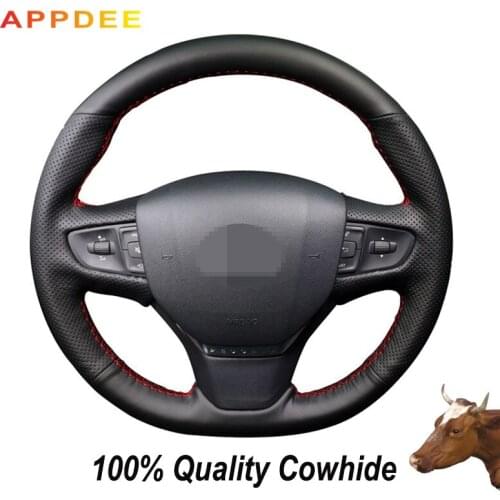 Hand-stitched Black Genuine Leather Steering Wheel Cover for Peugeot 408 2014 2015