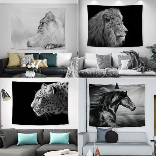 Nordic Simplicity Black and White African Animals Lion Tiger Elephant Tapestry Wall Decoration Yoga Mat Table Cloth Beach Towel