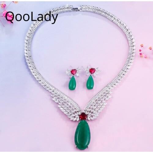 QooLady Luxury Bridal Jewelry Sets Green Cubic Zircon Necklace Pendant and Drop Earring for Women Wedding Dress Accessories Z046