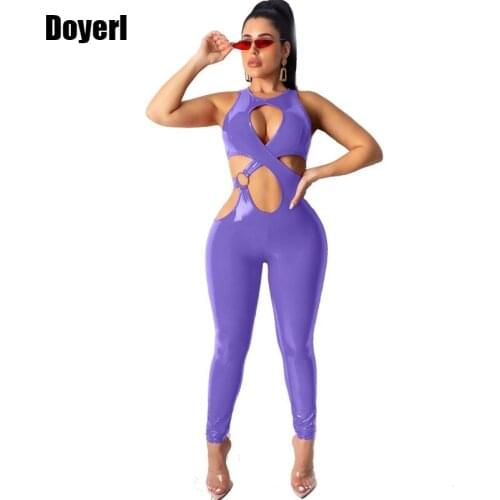 Sexy Hollow Out Jumpsuit Women Overalls Black PU Leather Bodycon Skinny Jumpsuit Zipper Female Romper Night Party Club Jumpsuit