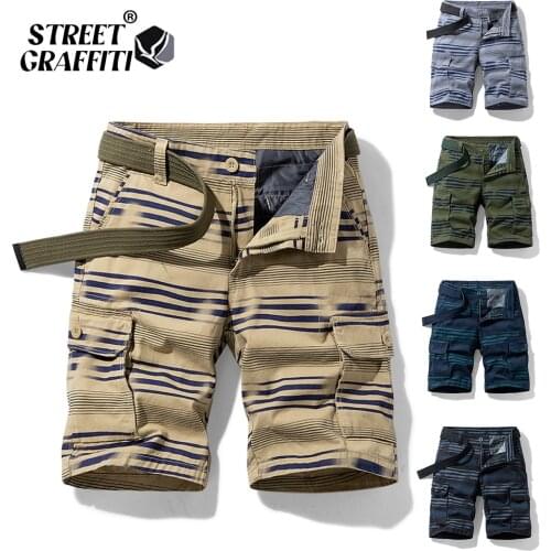 GRAFFITI Summer Men Cargo Shorts Cotton Striped Fit Print Mens Short 2021 New Spring Casual Pants Clothing Social Cargo Short