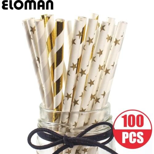 100PCS golden striped stars paper straws for home birthday party wine club decoration drinking paper straws craft