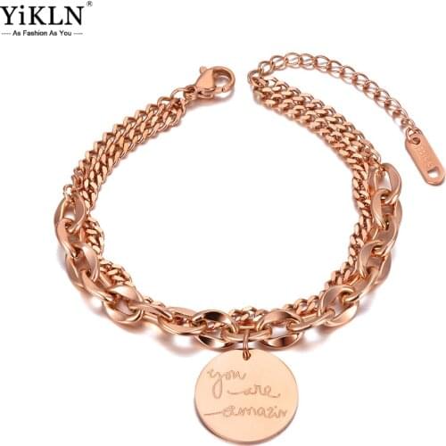 YiKLN Boho Titanium Stainless Steel You Are Amazing Charm Bracelets For Women Trendy Double Layer Chain Bracelet YB20153