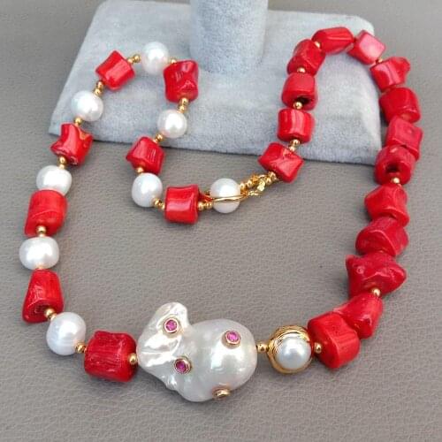 YYGEM Red Coral Tube White Round Freshwater Pearl chorker Necklace Nucleated Flameball Baroque keshi pearl connector