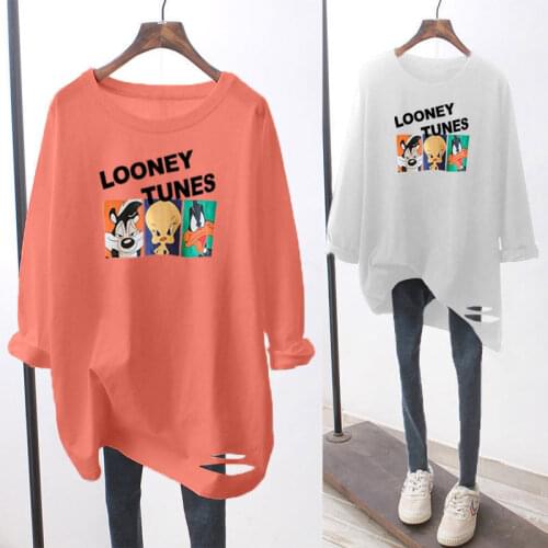Plus Size Women T-shirts Long Sleeve Cartoon Tops and Tees for Women Hole Tops