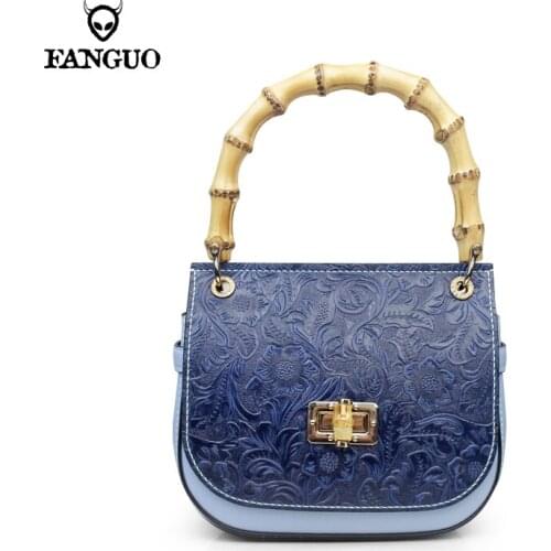 Genuine Leather Women Handbags With Bamboo Handle Single Shouler Bag For Mini Crossbody Travel Bags Female Hand Bag