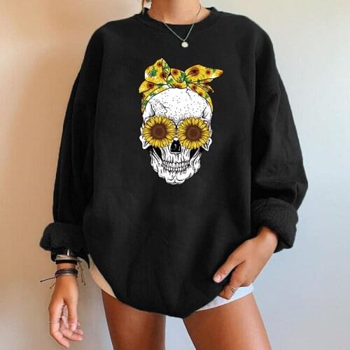 Women Swearshirts Long Sleeve Drop Shoulder Tops Clothes Moletom Harajuku Sweartshirts Streetwear Skull Scraf Sunflowers Print