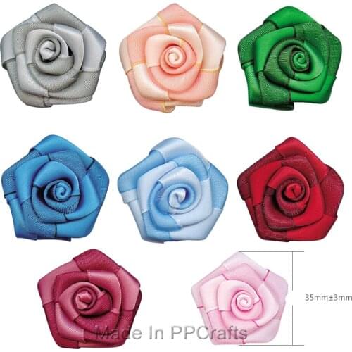 35MM Satin/ Plain/Grosgrain Ribbon RoseFlower For Cloth Wedding Hairbow DIY Crafts Toy 100pcs Free Shipping