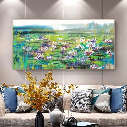 Free Shipping 100% Hand-painted High Q. Lotus Flower Wall Art Landscape Oil Painting On Canvas For Living Room Home Decoration