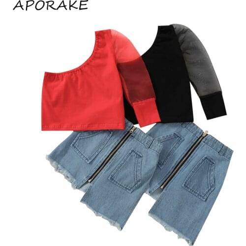 2021 0-6Y Fashion Kids Baby Girl Clothing One Shoulder Mesh Long Sleeve Solid Blouse Top+Zipper Denim A-line Skirt Summer 2pcs