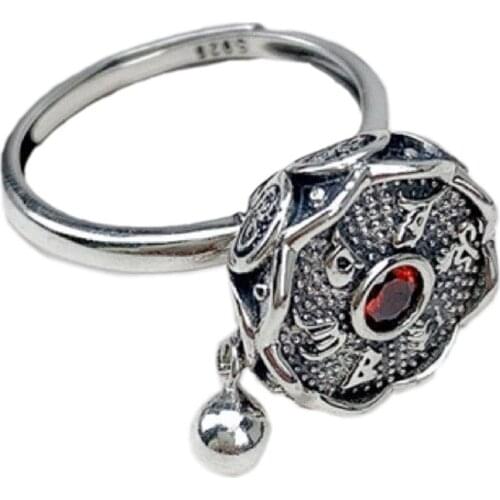 BOCAI New 100% real s925 silver lotus six-character mantra female ring red zircon rotating warp wheel good luck ring for woman